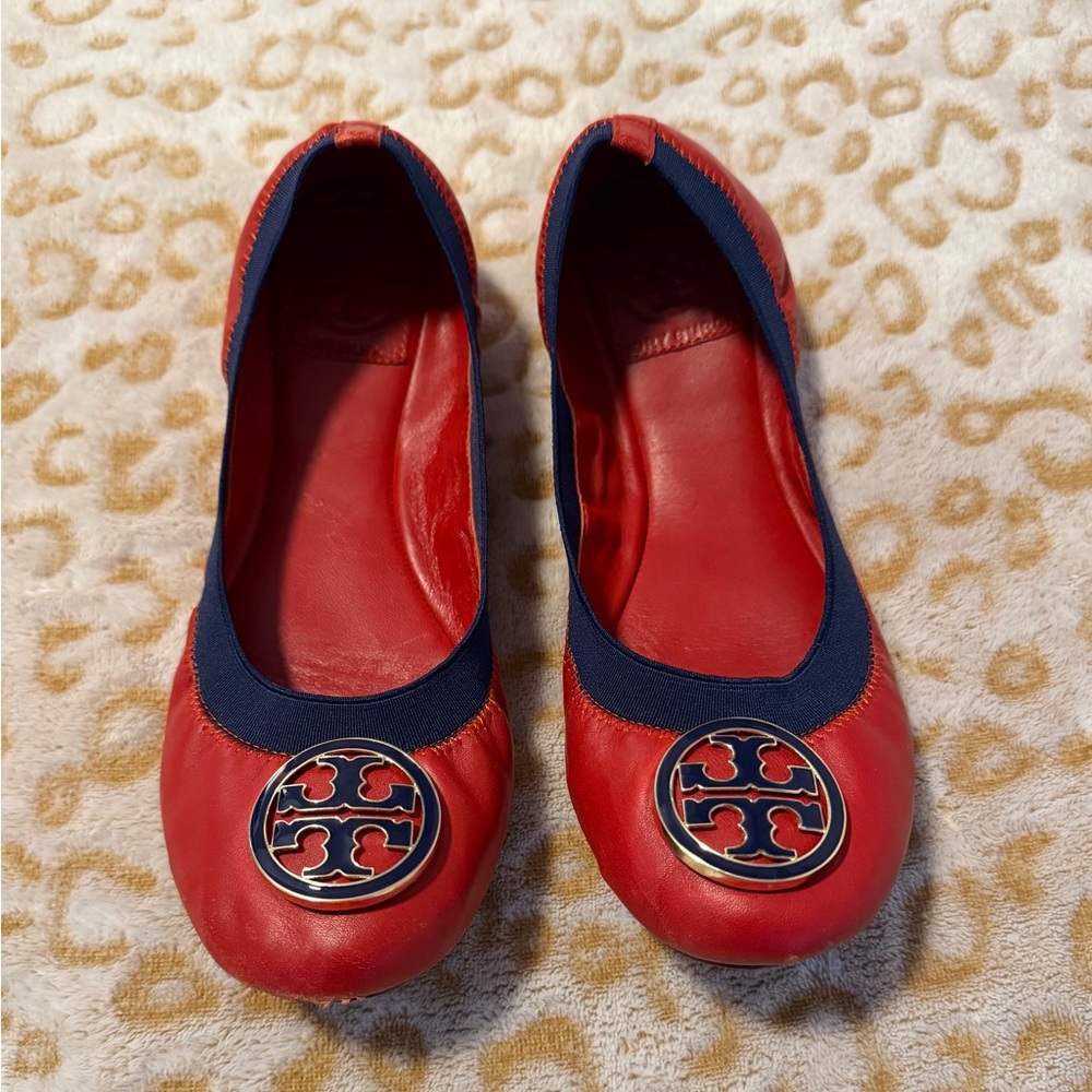 Tory Burch Red and Navy Reva Ballet Flats